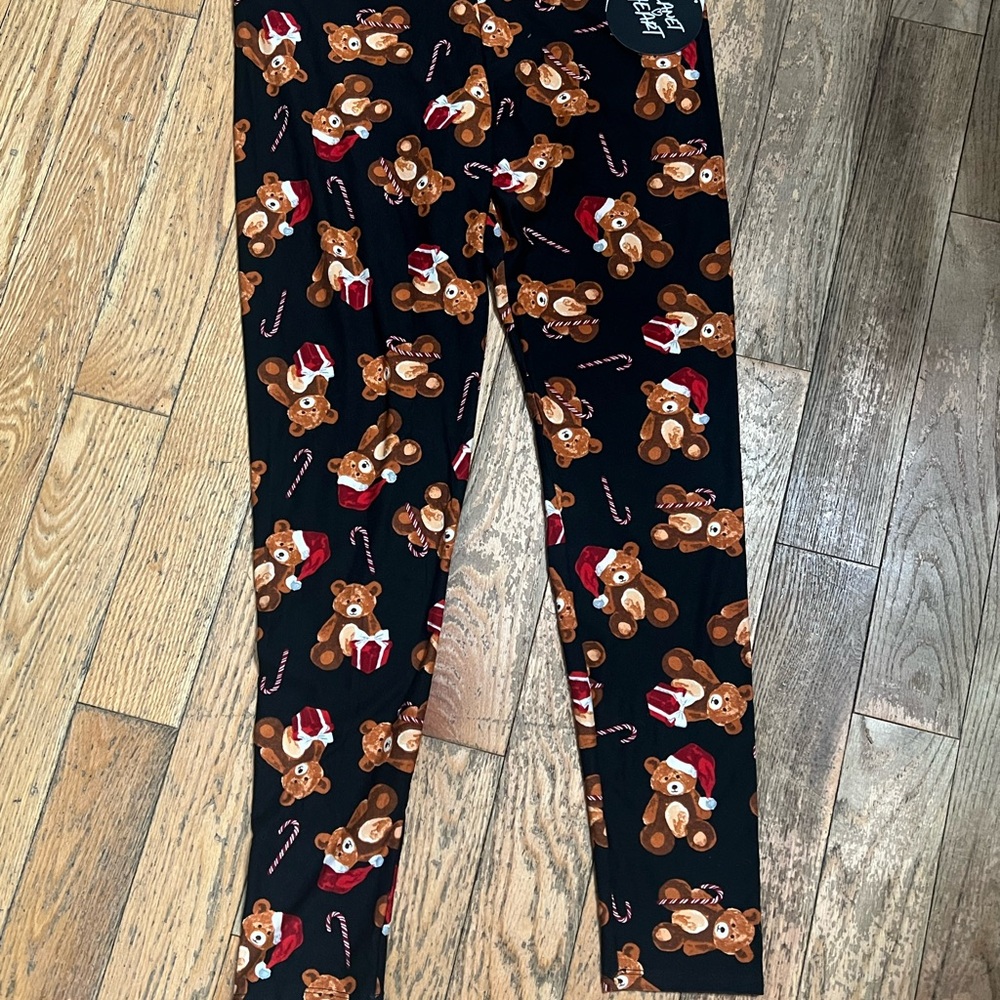 NWT-Planet Heart -Holiday Black Leggings with Teddy Bear and Candy Cane Print